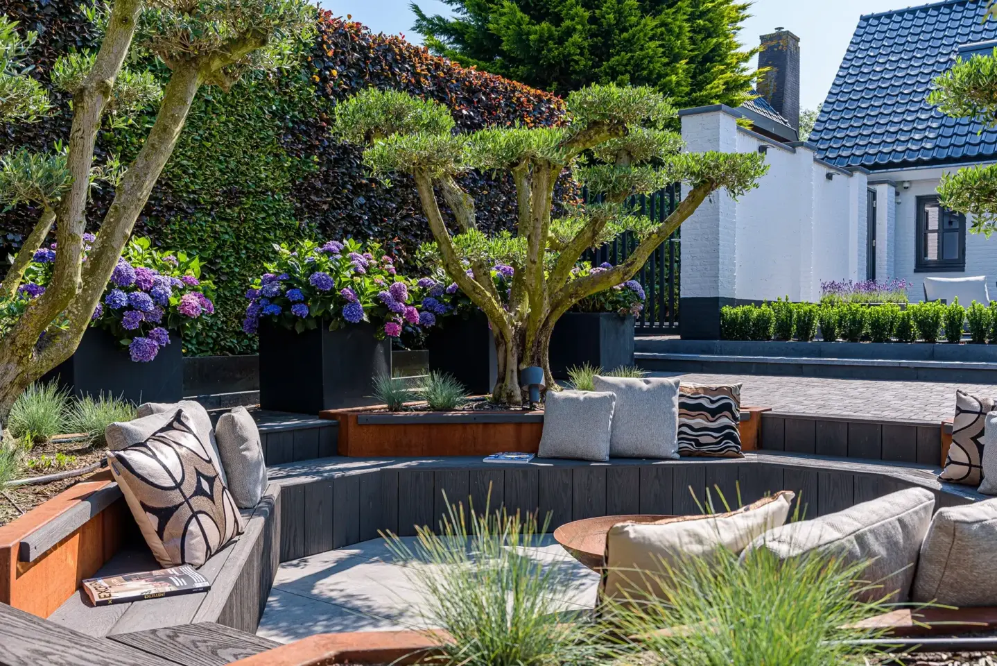 Loungehoek met vaste banken, olijfbomen en hydrangea&rsquo;s in luxe tuinontwerp