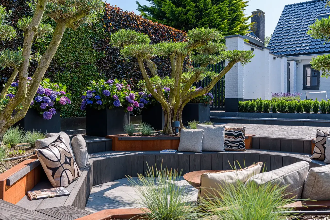 Loungehoek met vaste banken, olijfbomen en hydrangea&rsquo;s in luxe tuinontwerp