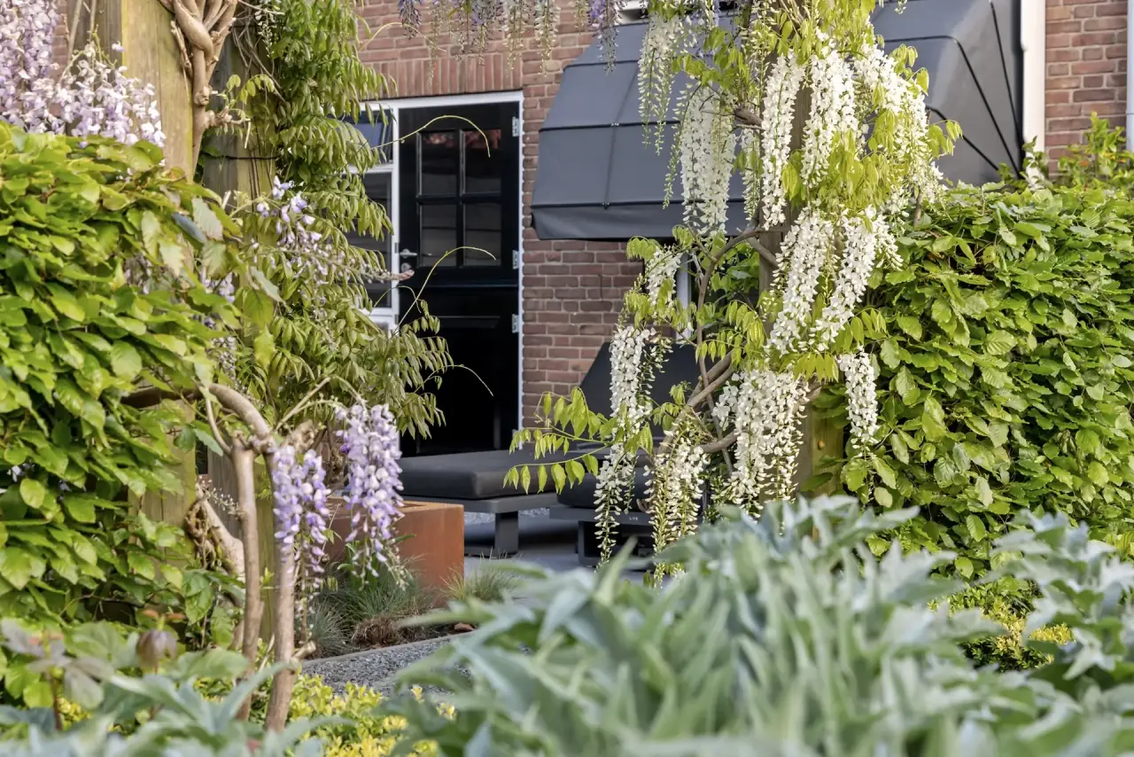 Sierlijke vijver met weelderige beplanting en bloeiende tuin rondom.