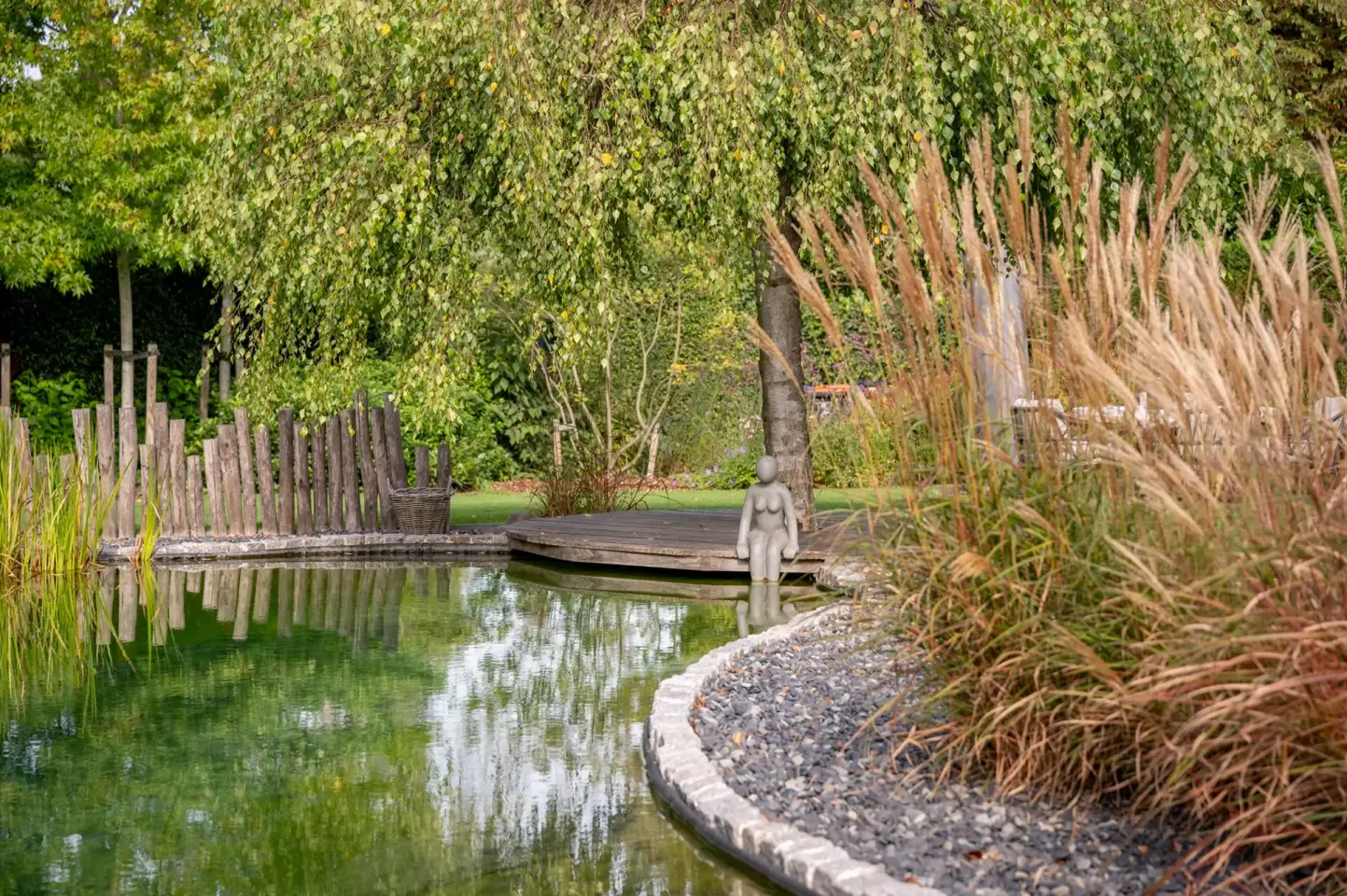 Slingerend vijvertraject met riet en siergrassen langs de natuurlijke oever.