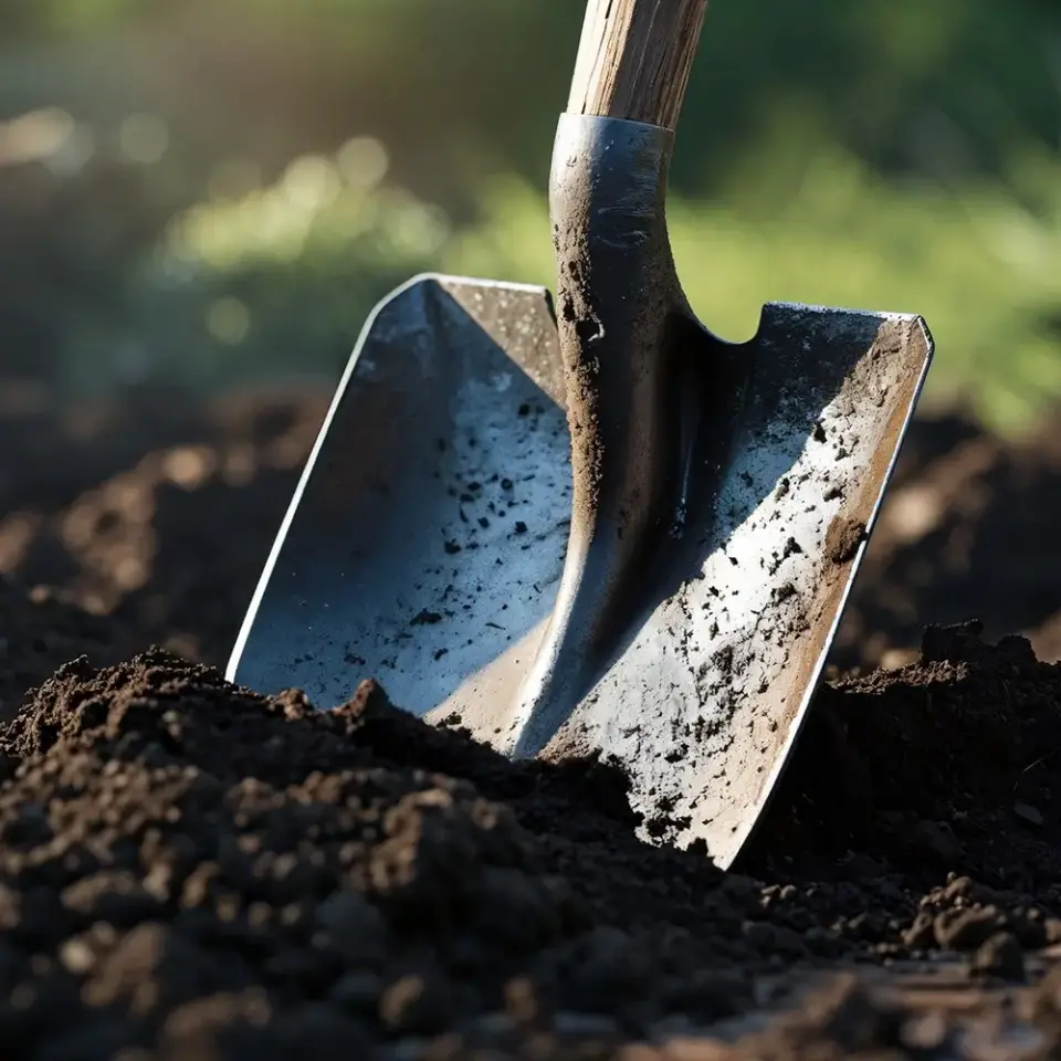 Schep in vruchtbare grond tijdens de start van een tuinaanlegproject van Art Verde