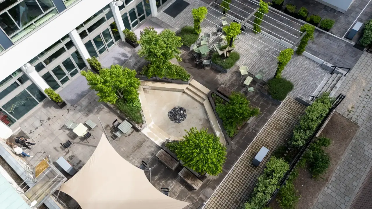 Vogelvlucht van de daktuin met groene borders, paden en zitplekken tussen de gebouwen.