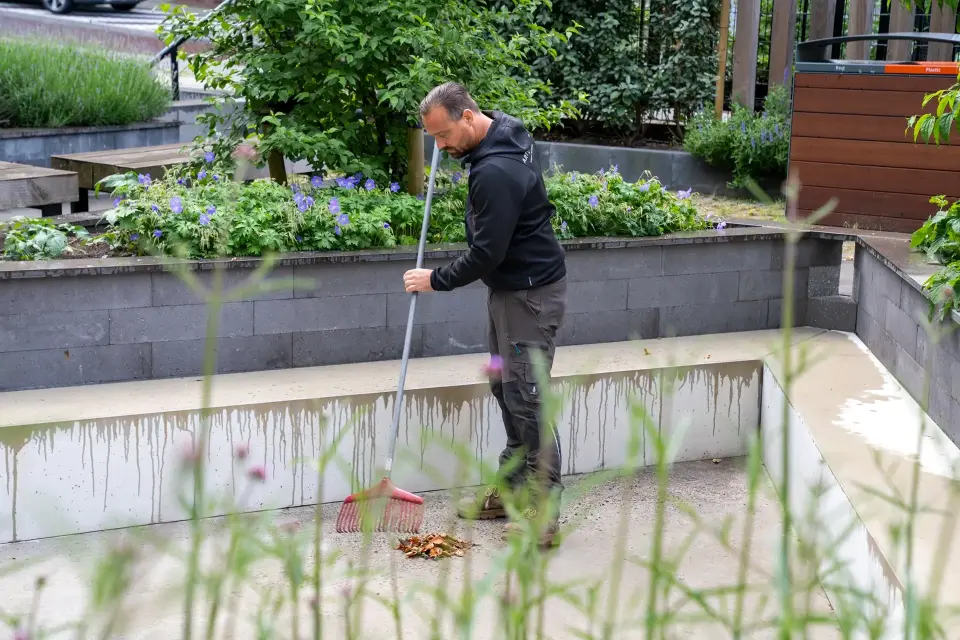 Hovenier van Art Verde voert zorgvuldig onderhoud uit aan een moderne tuin met strakke beplanting