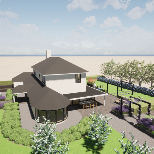 3D tuinontwerp van exclusieve woning met stijlvolle bestrating en groene beplanting, ontworpen door Art Verde